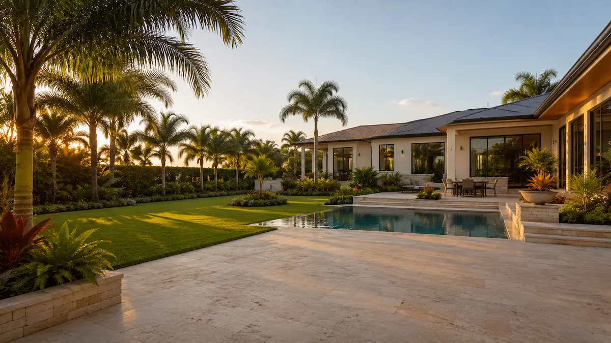 Designed and built backyard with a paver patio and tropical landscaping in Homestead, Florida by Greene & Stone Outdoor