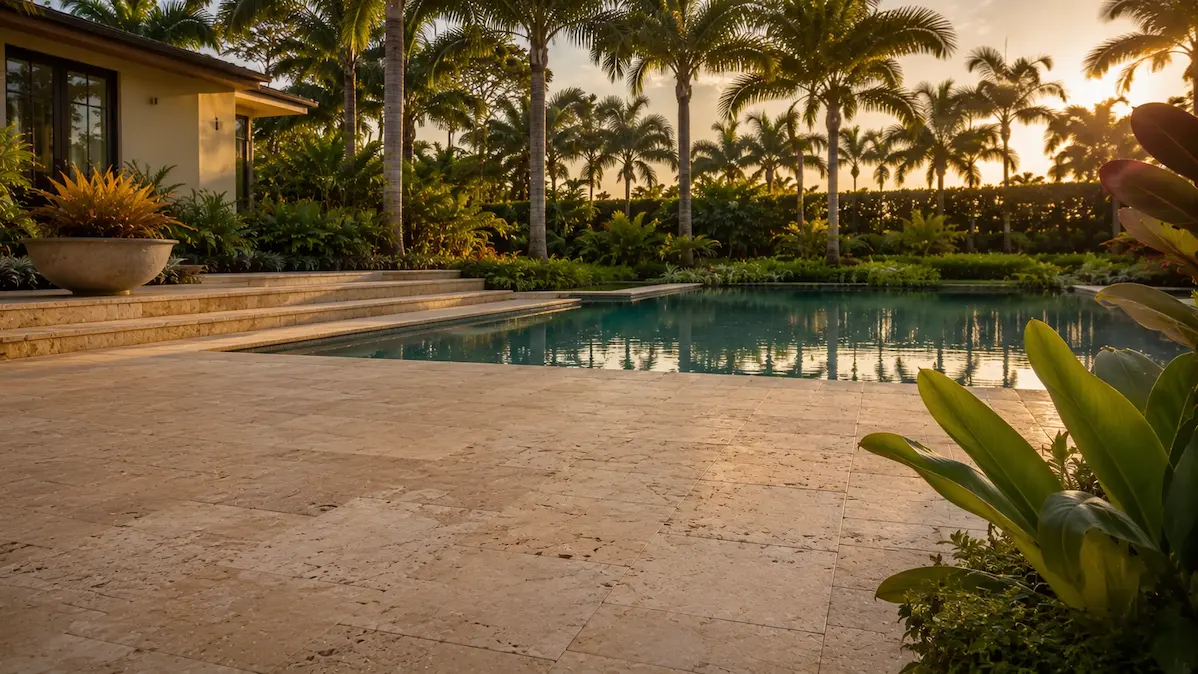 Travertine pool deck installed around a backyard swimming pool in South Florida by Greene & Stone Outdoor