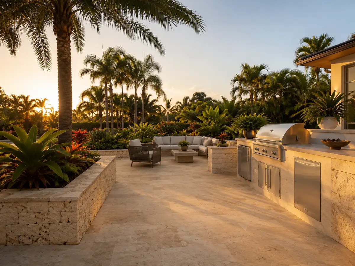 Travertine patio with built-in outdoor kitchen and seating area surrounded by tropical palms at golden hour, designed and built by Greene & Stone Outdoor in Homestead, Florida